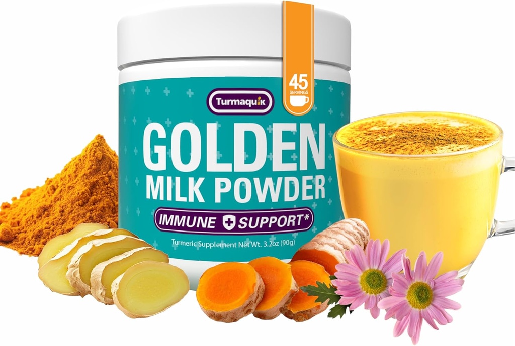 Turmaquik 3.2 Ounce Orgánica de la leche de oro pólvora - Immune Support Superfood Blend with Ginger, Black Pepper, Curcumin, Cinnamon, Cardamom, Vitaminas C, D, B6, B12 y Zinc