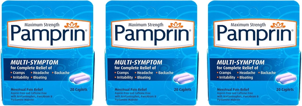 Fórmula multi-síntoma de Pamprin, con Acetaminofeno, síntomas del periodo menstrual Alivio, 20 cápsulas (Pack of 3)