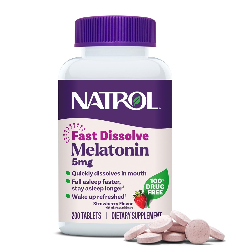 Natrol Melatonin 5mg Tablas de disuelto rápido, Suplementos de Apoyo al sueño para adultos, Sabor de fresa, 200 Tabletas, hasta 200 Day Supply
