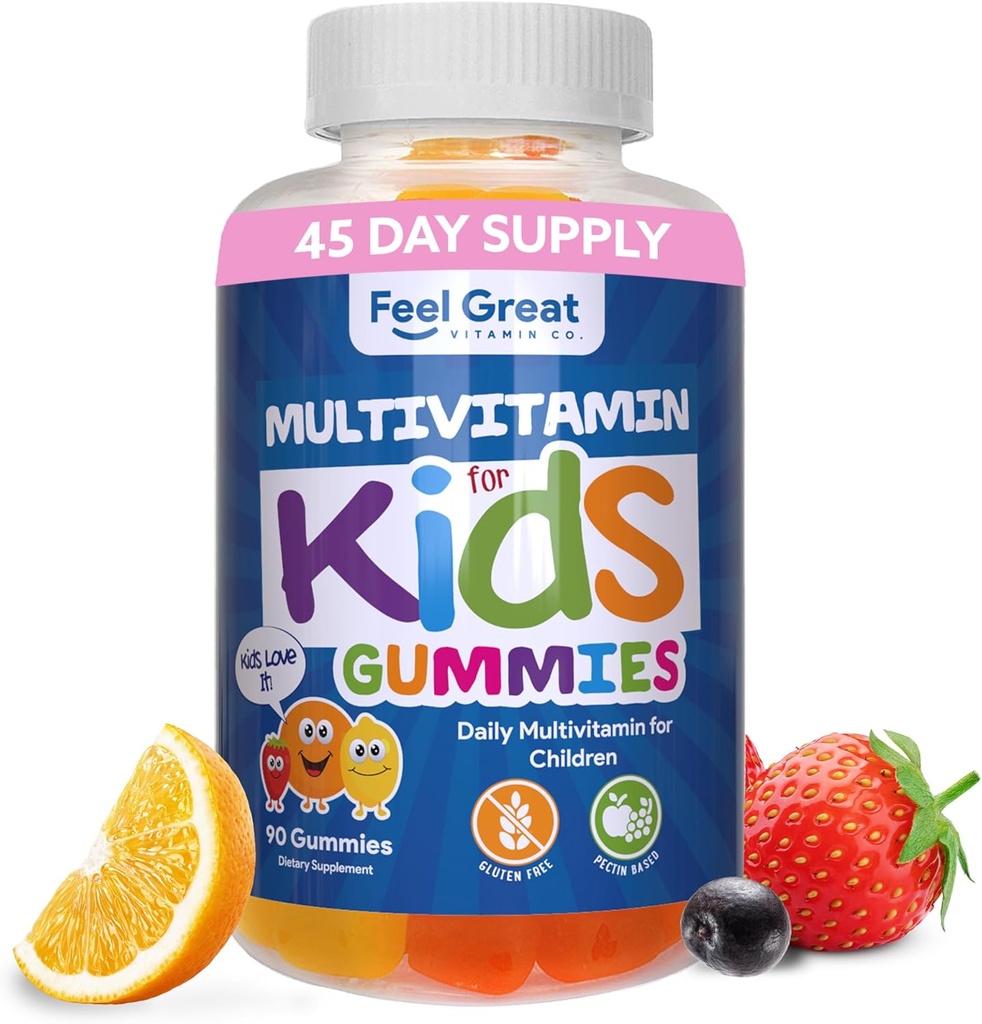 Feel Great Kids Multivitamin Gummies ← Citrus & Strawberry Flavored Vitamins for Kids  tolera Multivitamin Gummies with Vitamin D for Bone, Muscle & Immune Support ← Chewable Vitamins latitud 45-Day Supply