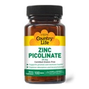 Country Life Zinc Picolinate 25 mg - Suplemento de Zinc de Absorción Superior para Apoyo Inmunitario, Salud Prostata y Bienestar Celular - Gluten certificado, Vegan & Halal, No GMO - 100 Cuadros