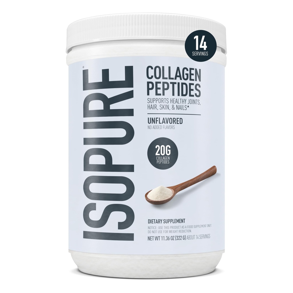 Isopure Collagen Peptides Powder, promueve el cabello, la uñas, la piel y la salud conjunta, con vitamina C y la biotina, sin sabor, 20g Collagen Peptides Por Serving, 11.36 Oz, 14 Servings (Packaging May Vary)