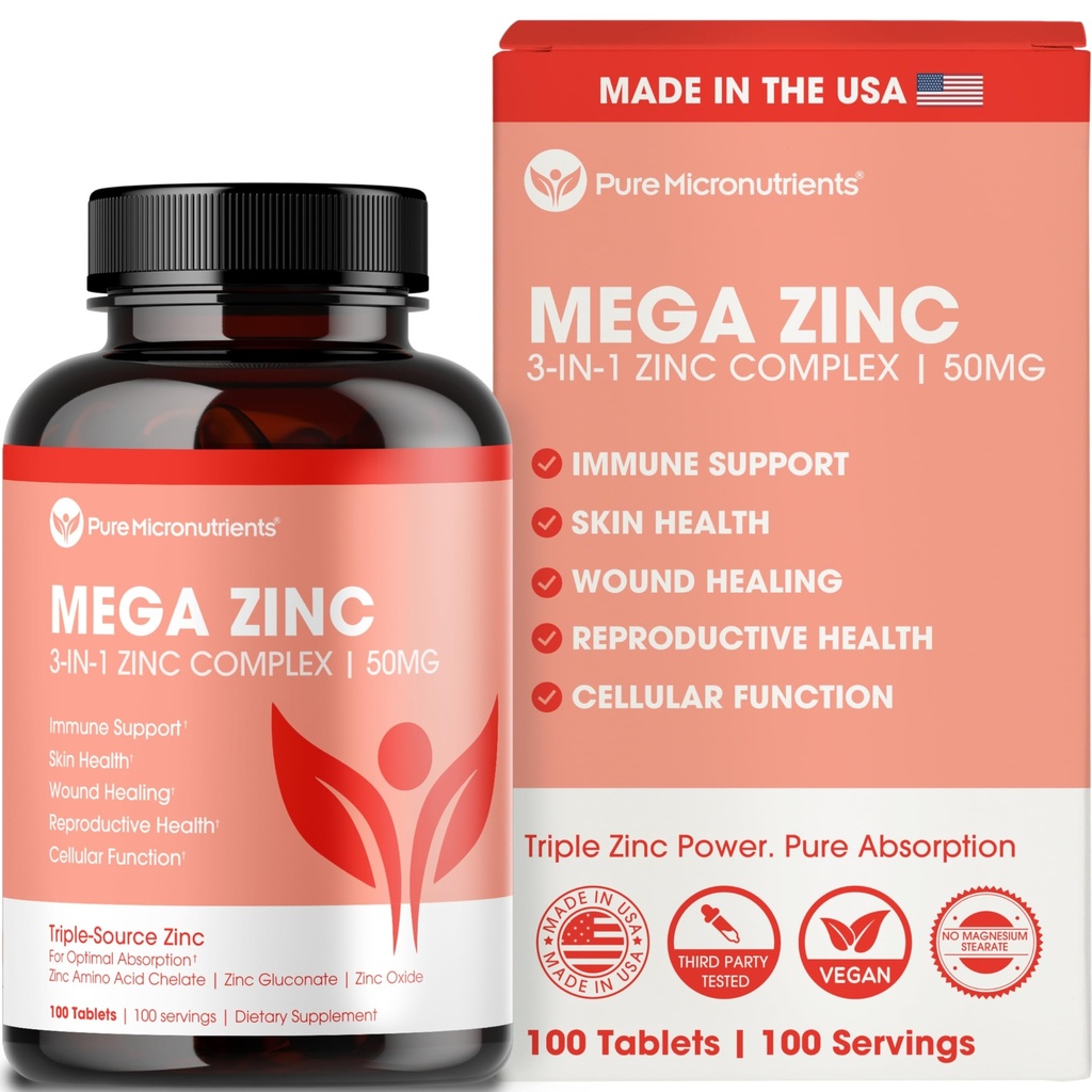 Suplemento Mega Zinc, 50 mg, Complejo de zinc 3 en-1, 100 tabletas - Micronutrientes puros