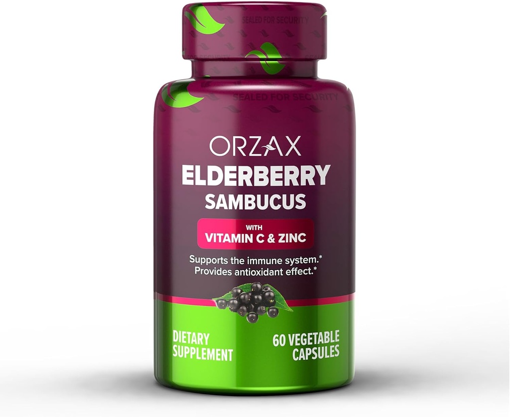 ORZAX Elderberry Capsules - Suplemento de Apoyo Inmunitario con Vitamina C y Zinc - Antioxidantes Suplemento para Mujeres y Hombres (60 cápsulas vegetales)
