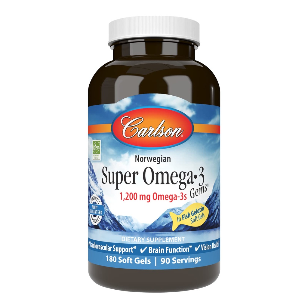 Carlson - Super Omega-3 Gems, 1200 mg Omega-3, Cardiovascular Support, Brain Function & Vision Health, Norwegian, 180 geles blandos