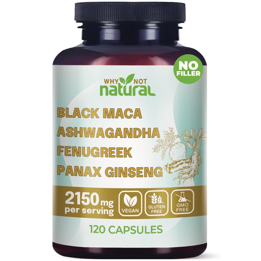 Por qué no natural 4-en-1 Negro Maca Root orgánico, Ashwagandha, Fenugreek, Panax Ginseng Capsules, Suplemento para Hombres y Mujeres