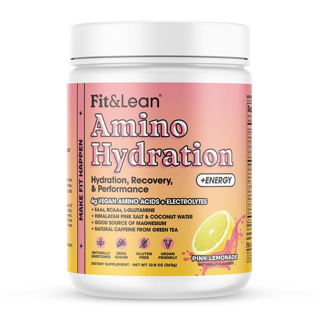 Fit " Lean Amino Hydration Plus Energy, Pre Workout Powder, 6g Vegan Essemtial Amino Acids, EAA, BCAA, Glutamine, Electrolytes " Natural Caffeine, Pink Lemonade, 30 Serve