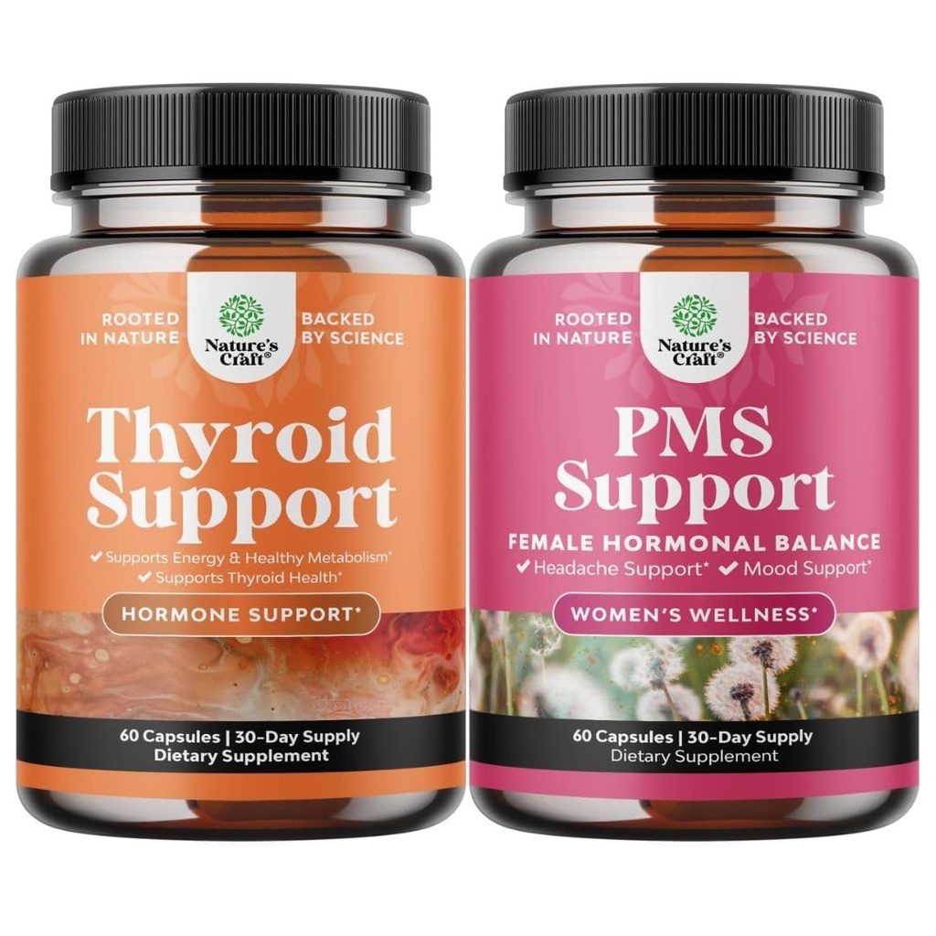 Bundle of Herbal Thyroid Support Complex and Herbal PMS Support Supplement for Women - Mood Enhancer Energy Supplement for Thyroid Health - Feminine Balance Complex with PMS Vitamins for Women