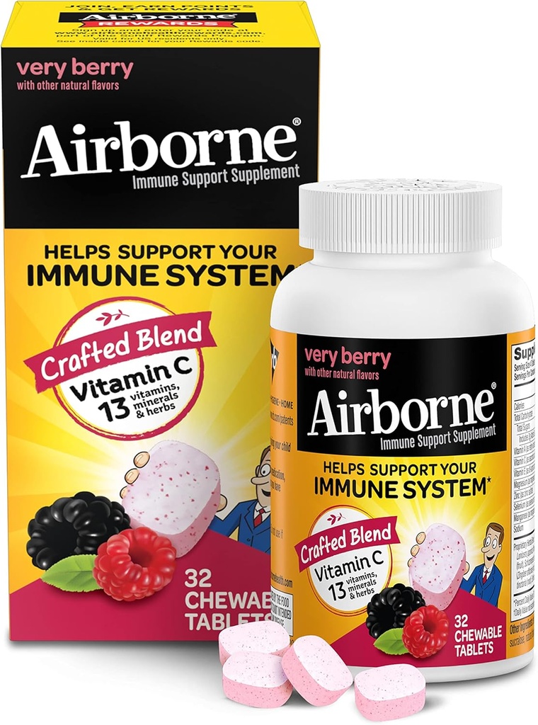 Vitamina C 1000mg (por servicio) Tablas de Chewable Muy Berry (32 Cuenta en una caja), Suplemento de Apoyo Inmunitario sin gluten, con Vitaminas A C E, ZINC, Selenium, Echinacea &amp; Ginger, Antioxidantes