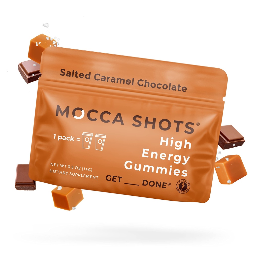 SGC Mocca Shots Caffeine Gummies, 12-Pack, Salted Caramel, Plant-Based Instant Energy