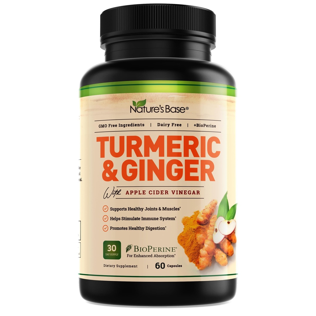 Base Turmeric y suplemento de jengibre - con Curcumin, Vinagre de manzana & Extracto de Pepper Negro BioPerino - 95% Curcuminoides - 60 cápsulas