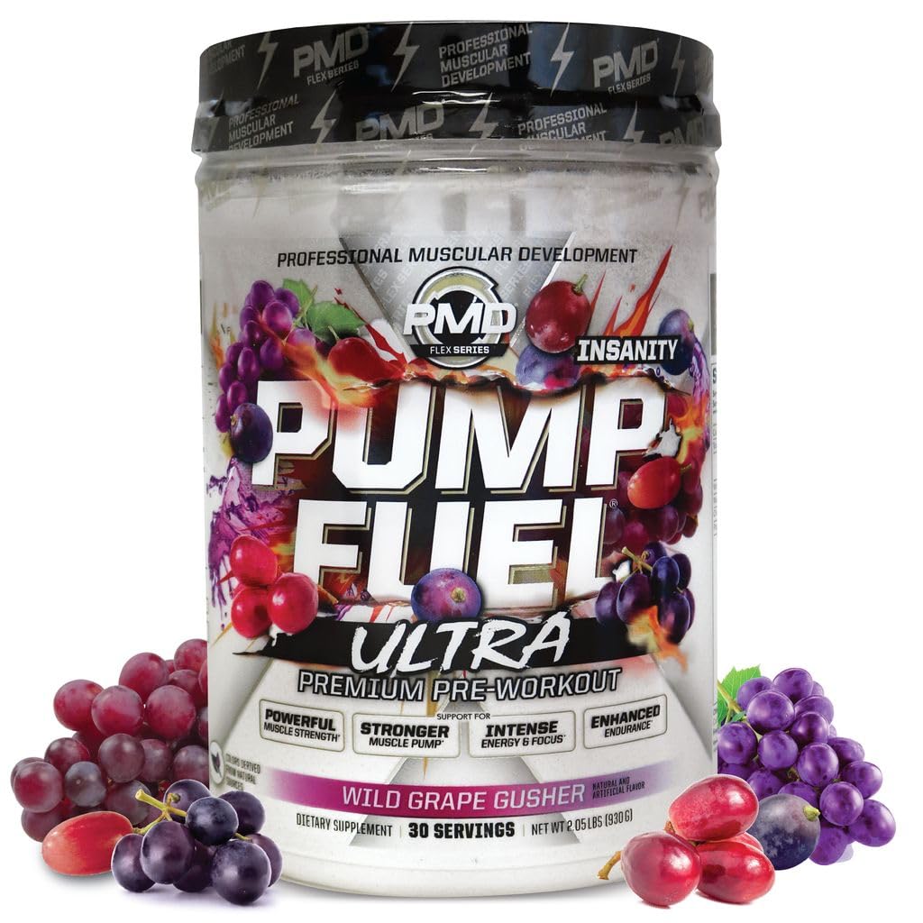 PMD Sports Pump Fuel Ultra Insanity - Premium Pre Workout Powder &amp; Muscle Pump, Greater Focus, Endurance & Recovery, Premium Creatine, Arginine & Beta Alanine - Wild Grape Gusher (30 Servings)