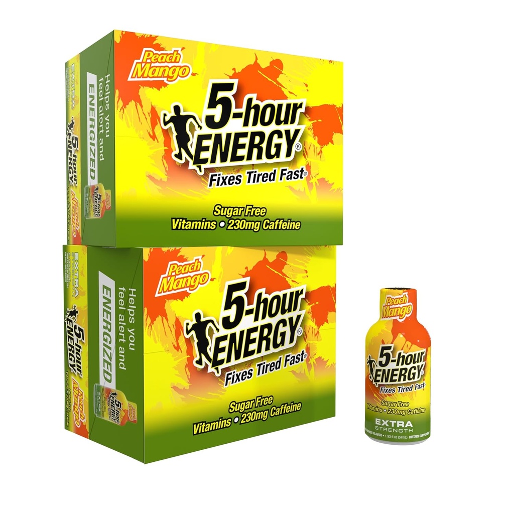 5 horas ENERGÍA Extra Strength Energy Shot, Peach Mango Flavor (1.93 oz. - 24 Conde) Zero Calories & Sugar-Free 230 mg Zapato Caffeinated, Amino Acids & B Vitaminas, Suplementos dietéticos