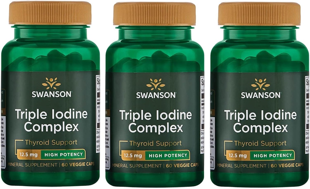 Swanson Triple Iodine Complex-Natural Supplement for Vital Thyroid Support-Promotes Metabólico Función, Aumento de la producción de células rojas de sangre, & Heart Health-(60 Veggie Capsules, 12.5 mg cada uno) (3 Pack)