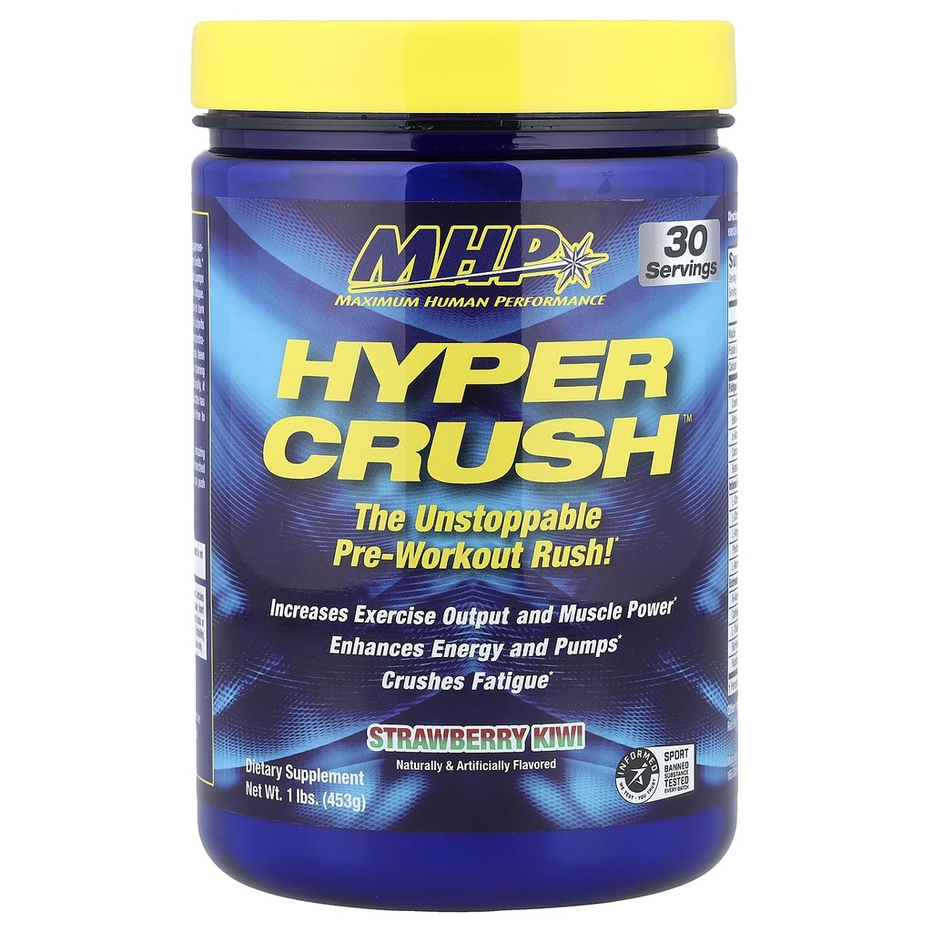 Máximo rendimiento humano Hyper Crush Pre Workout Powder, Aumenta la energía, Bombas musculares, Poder, Lucha Fatiga, creatina, beta Alanine, Nitric Oxide, citrulline, AKG, Strawberry Kiwi, 30 Servimientos