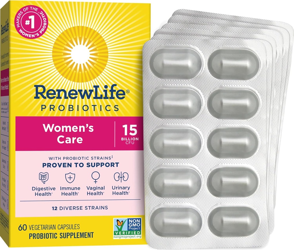 Renovar las cápsulas probióticas de las mujeres de la vida, apoya la salud vaginal, urinaria, digestiva e inmunitaria, L. Rhamnosus GG, lácteo, soya y sin gluten, 15 millones de CFU, 60 cuenta