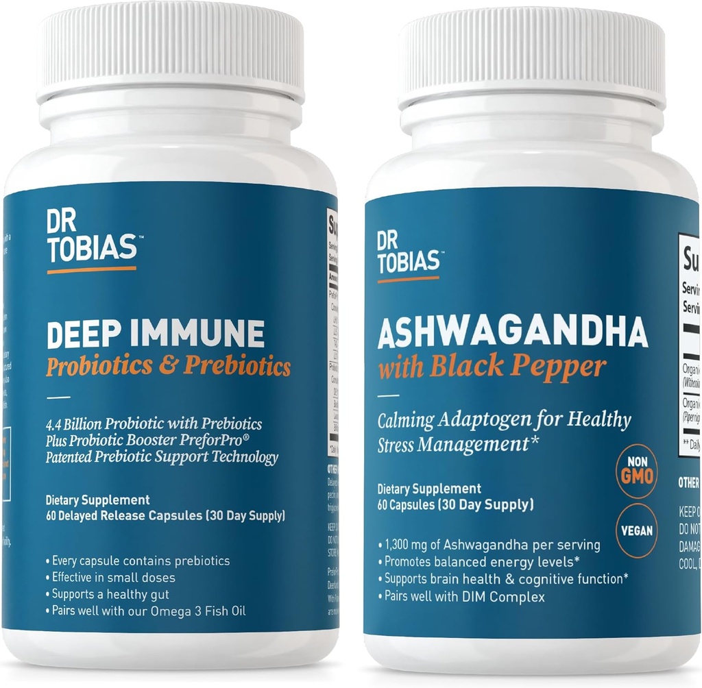 Dr. Tobias Probióticos Inmunitarios Profundas " Prebióticos y Cápsulas de Ashwagandha, Apoyo Digestión, Energía " Salud Inmunitaria, No GMO