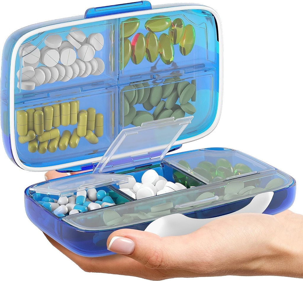 Pill Organizer Airtight Pill Box Dispenser de gran pill Inicio Suplemento de viaje Holder Portable Vitamina Sorter Jumbo Tamaño 8 Compartimiento Airtight Vitamin Container Daily Medicine Travel Essentials