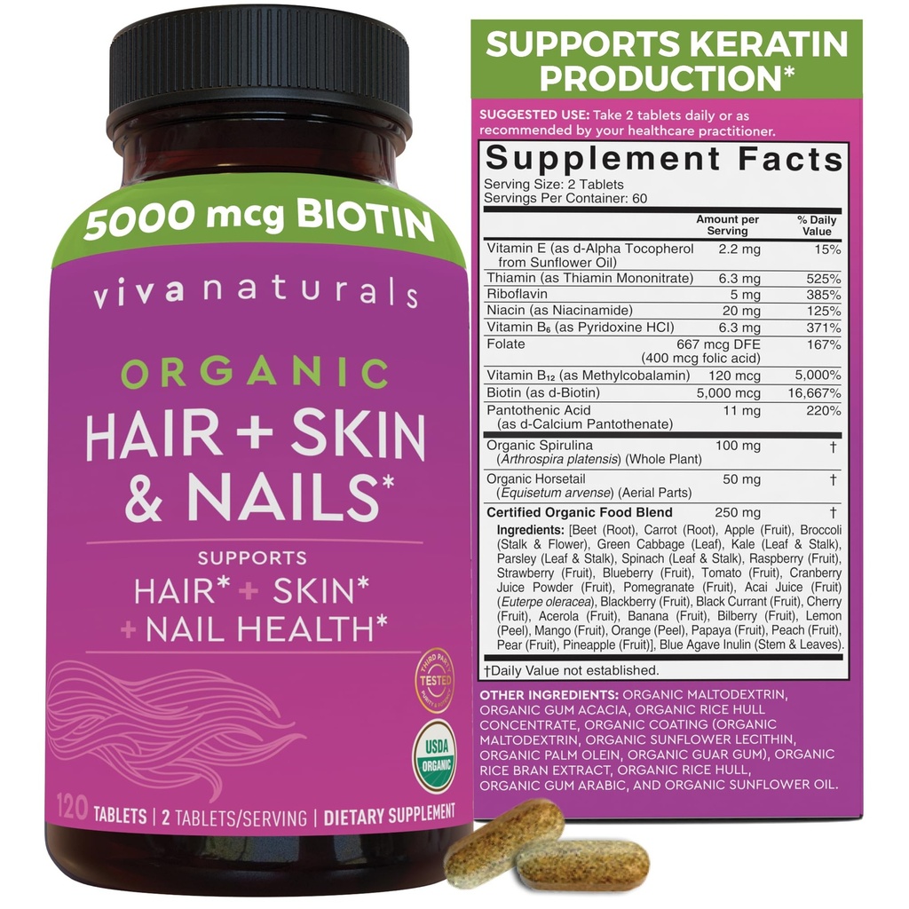 Biotina 5000 mcg Peluquería uñas Vitaminas para Mujeres – Suplemento Orgánico y Vegetariano-Friendiente con Vitamina E, B-Vitamins, Spirulina, Caballo y Espejo Superalimentario para ayudar a producir queratina – 120 Con
