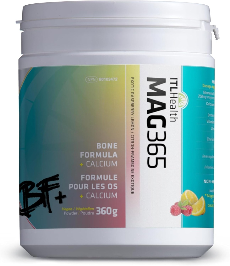 ITL Health BF Plus Calcium Zinc Magnesium Powder con D3, K2, C, B6, Boron, Zinc y Potassium ANTE para la salud óptima de los huesos, y soporte de inmunológico (Exótica Raspberry Lemon, 360g)