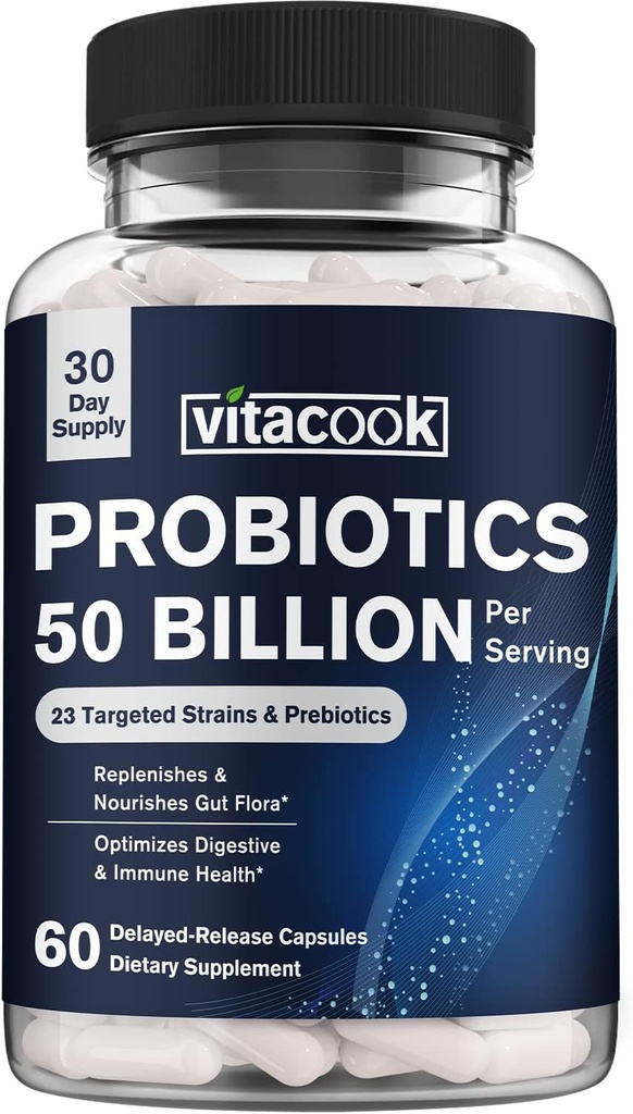 Probióticos 50 Billones, 23 Estrechos con Prebióticos Orgánicos, Apoyo Digestivo &amp; Inmunitario, Liberado, Delayed-Release, Mejor que un Yogur Dozen, 60 Caps Vegan