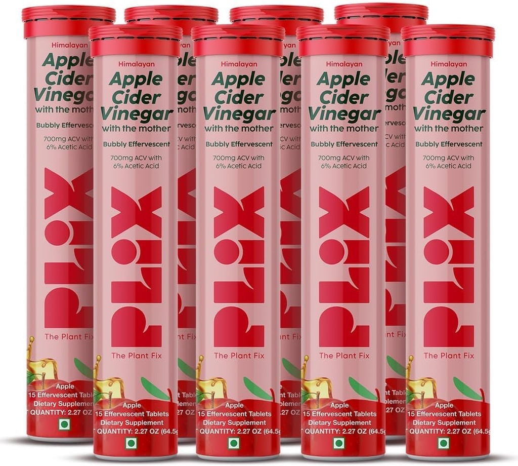 PLIX - THE PLANT FIX Apple Cider Vinegar Effervescent Tablets with The Mother, 700mg ACV with VIT B12, B6, Pack of 8 |Vegan, No Added Sugar, Non-GMO & Gluten-Free