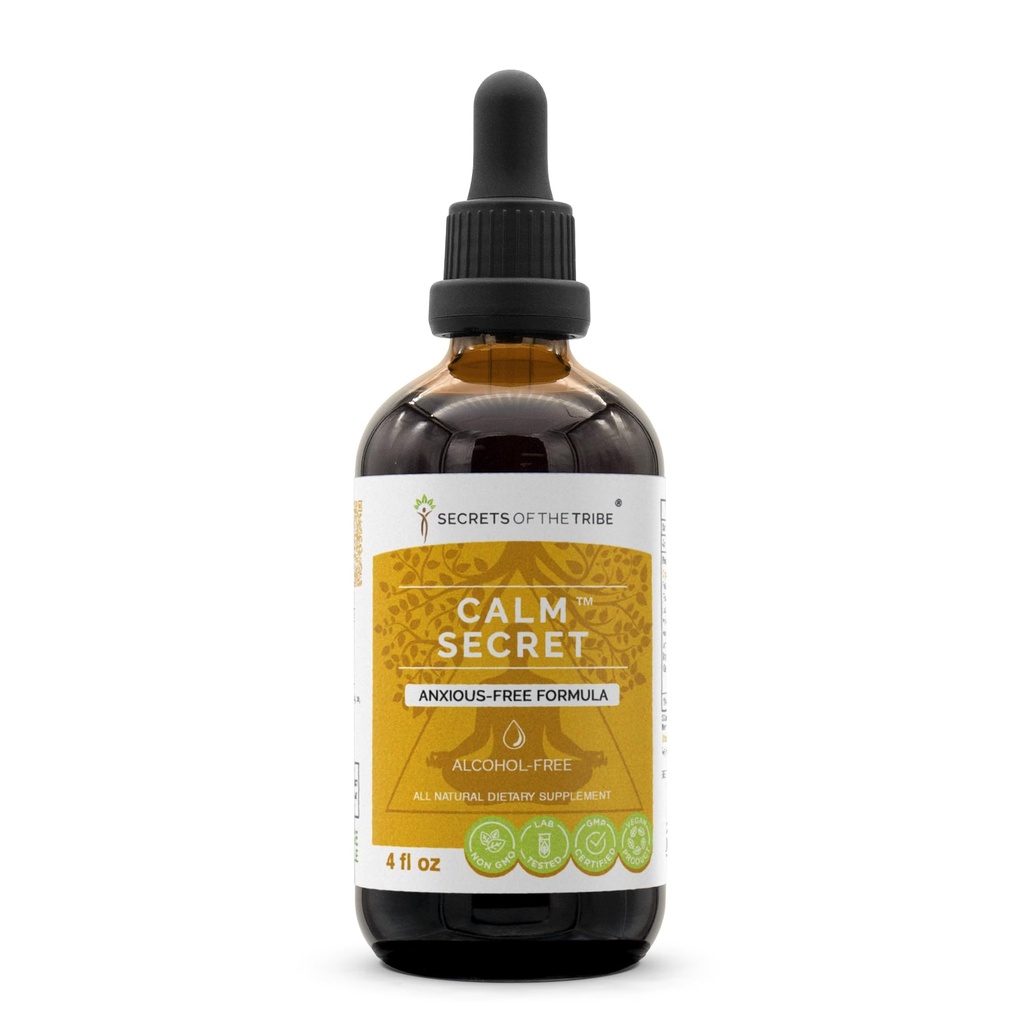 Secretos de la tribu - Secreto de calma, Suplemento de hierbas Suplemento líquido libre de alcohol Extracto, Fórmula libre de ansiedad (4 fl oz)