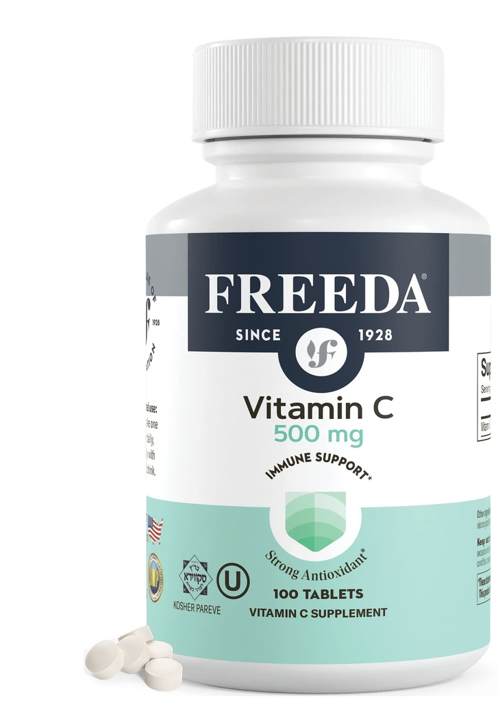 FREEDA Vitamina C - Vitamina Vegana C 500mg - Kosher - Potente Antioxidante Apoyo Inmunitario - Fácil de Tragar Vitaminas C Tabletas como Ácido Ascóbico - Vitamina Pura C 500 mg - Suplemento VIT C (100 Conde)
