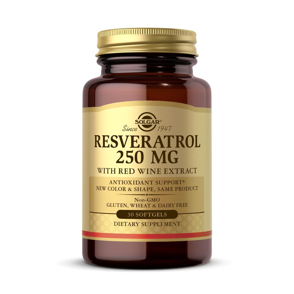 Resveratrol de Solgar 250 mg con extracto de vino tinto - 30 Softgels - Soporte antioxidante - No GMO, Gluten Gratis, Dairy Gratis - 30 Servimientos