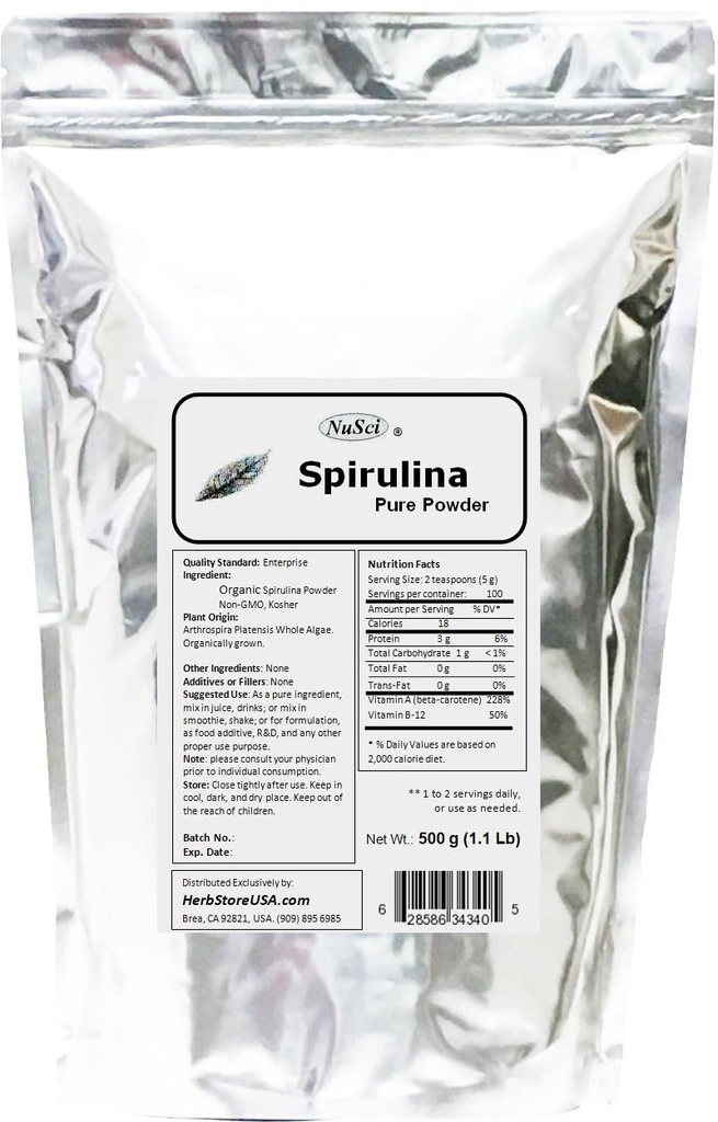 Spirulina organically Grown 100% Pure Powder 500g (1.1 lb) Fresh GMO Free Non-Irradiated