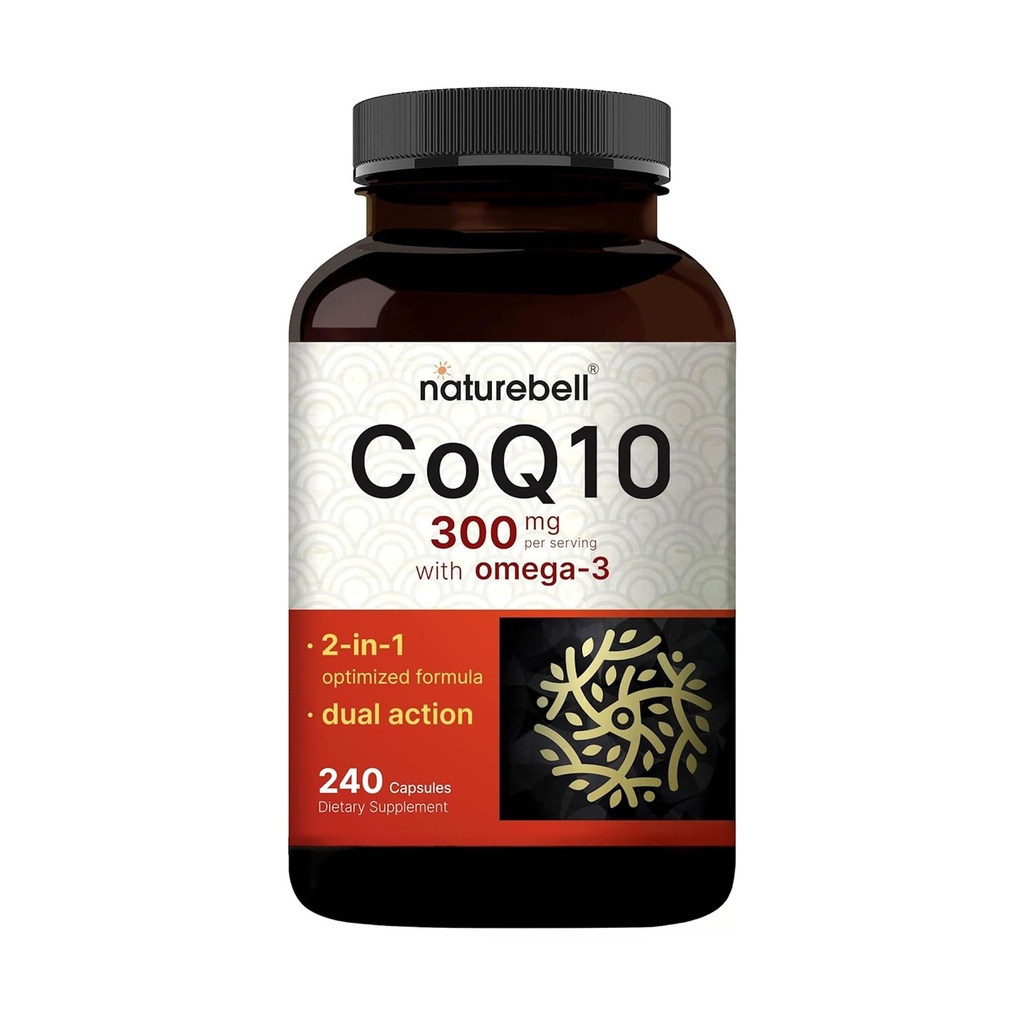 NatureBell CoQ10 300mg con Omega 3, 240 cápsulas - 120 Day Supply ← Stable High Absorption Form – Antioxidant Support for Heart & Energy Health – Extra Strength Coenzyme Q10 Suplemento