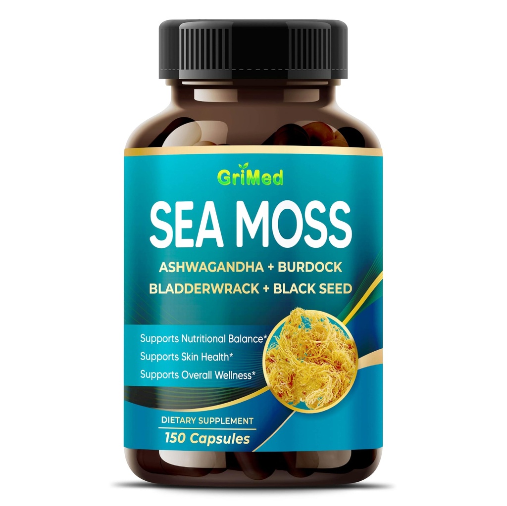 Moss de Mar Premium con Ashwagandha, Burdock Bladderwrack, Semilla Negra para Sistema Inmunitario, Esquí, Digestión " Energía- Hecho en Estados Unidos (150 Conde (Pack of 1))