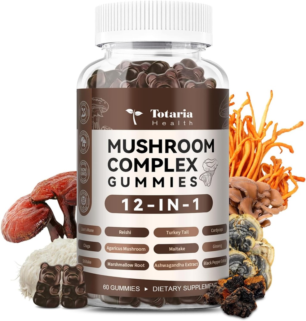 Mushroom Complex Gummies Suplementos 12 Blend with Lions Mane Suplemento Vegan Blend with Reishi, Cordyceps, Ashwagandha - Lion's Mane Mushroom Gummies for Adults Brain Booster, Immune Support, Energy