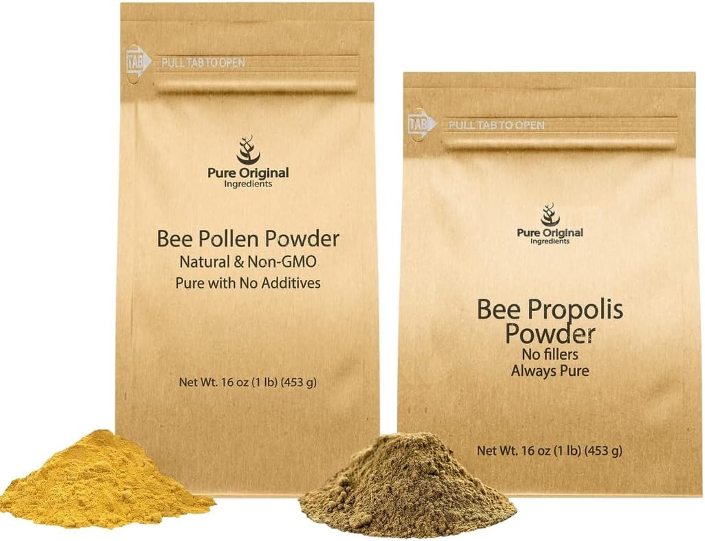 PURE ORIGINAL INGREDIENTES Bee Pollen Powder y Bee Propolis Powder Bundle, 1 lb Cada, No Fillers, Lab Verified