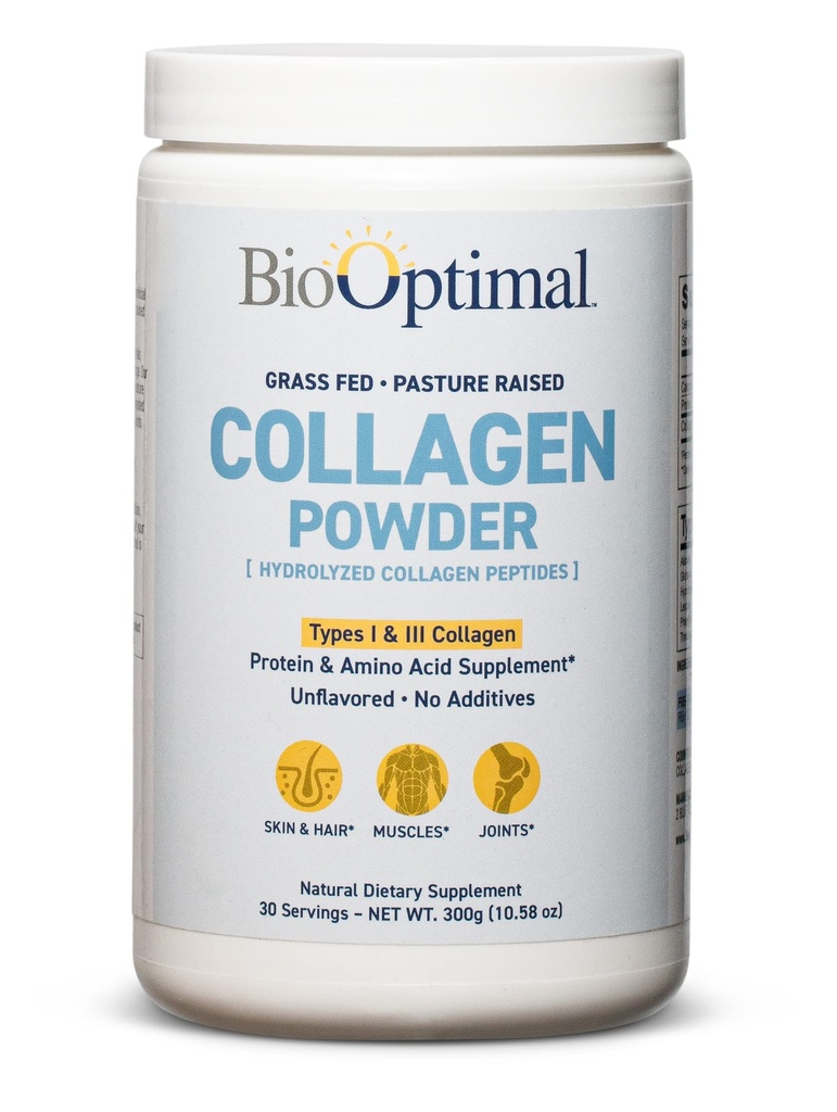 BioOptimal Collagen Peptides Powder - Grass-Fed, Pasture-Raised Hydrolyzed Protein Supplement for Skin, Hair, & Nails - Non-GMO, Zero Sugar Daily Supplement for Men &amp; Women (30 Servings)