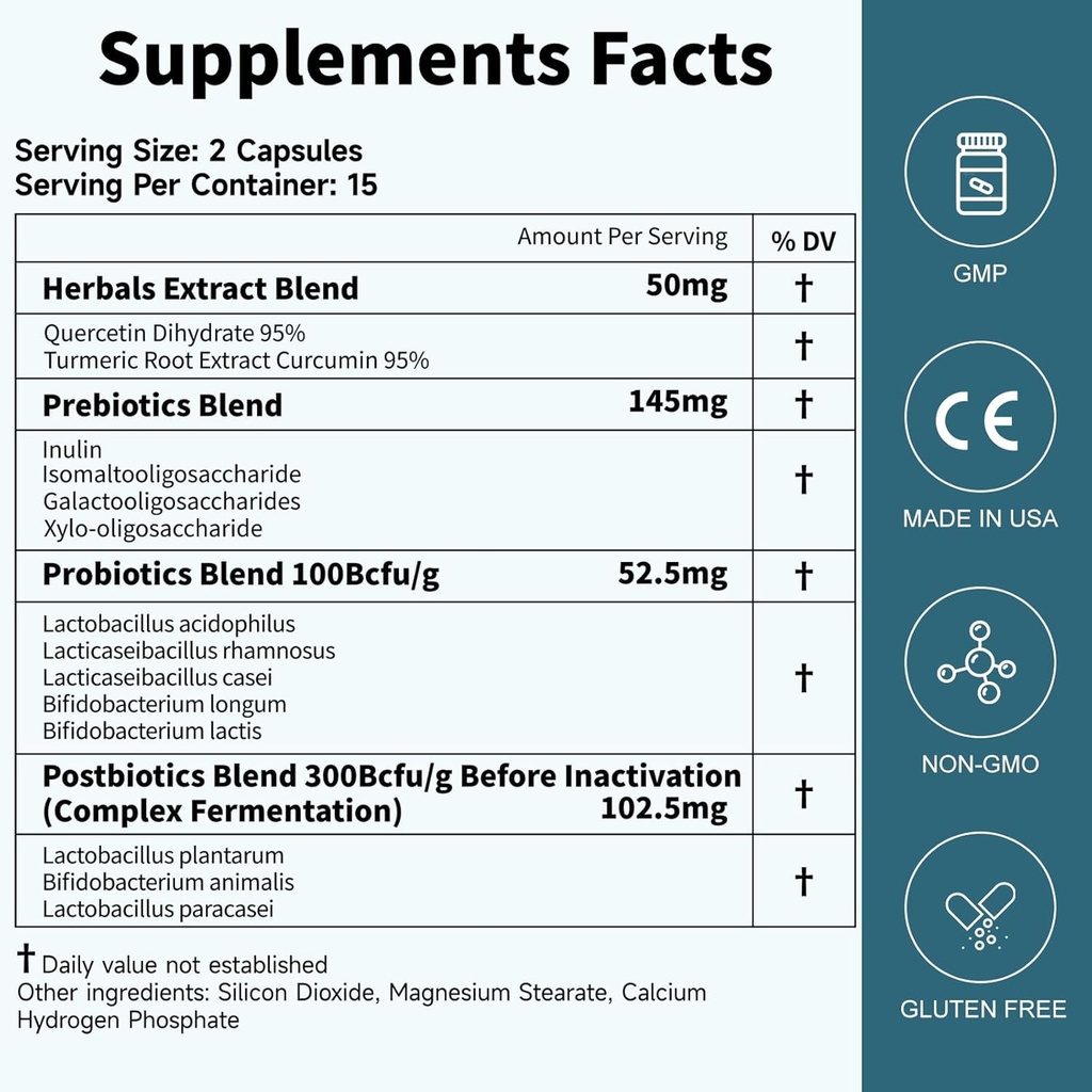 Probióticos Mujeres Hombres Gut Health: Digestive Health Immune Support Bloating Relief Shelf Stable Strains 35B CFUs per Capsule Complex with Prebiotics Postbiotics Quercetin & Curcumin Dietary Supplement