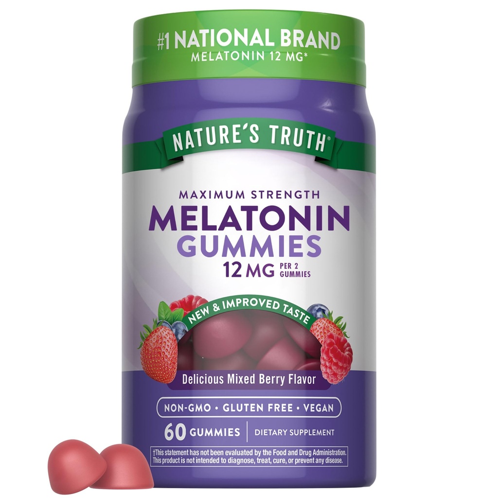 La verdad de la naturaleza Melatonin Gummies  12mg ← Mixed Berry Flavor ¦ Vegan, Non-GMO &amp; Gluten Free Supplement