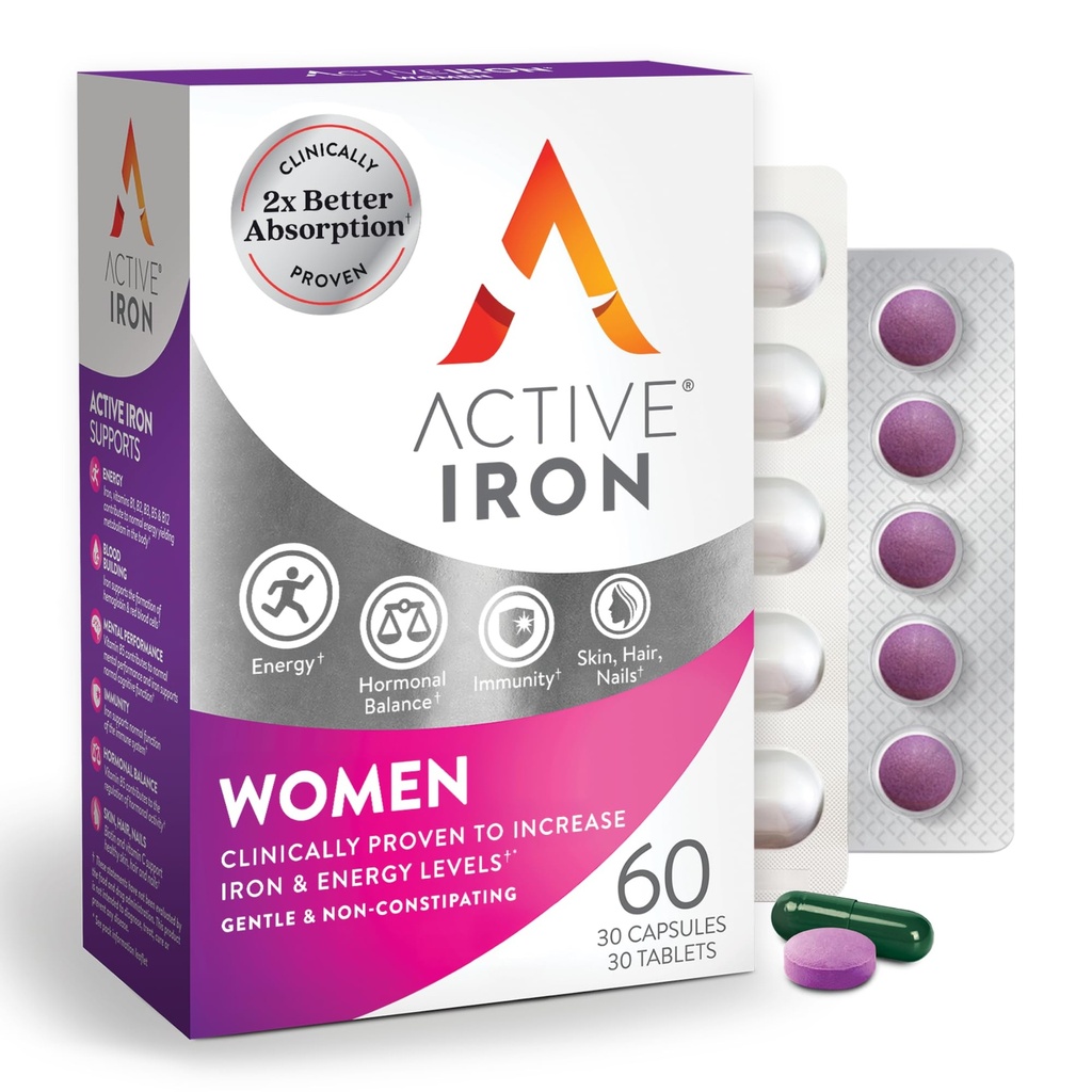 Suplemento activo de hierro 25 mg + multivitamínico para mujeres – Probado clínicamente para aumentar la energía " Reducir la resistencia – Hierro suave, no exigente + Multivitamina de mujeres – 30 cápsulas + 30 tabletas