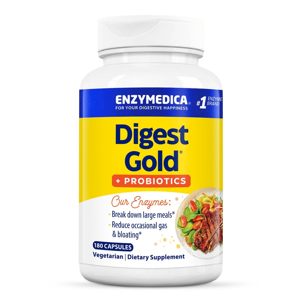 Enzymedica Digest Gold + Probióticos, 2-en-1 Fórmula para Gut Health, Enzymes Digestivos & 1 Billion Culturas Probióticas Activas, 180 Conde (FFP)