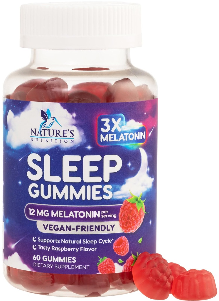 Gummies de sueño para adultos fuerza extra - 12 mg Melatonina suplemento de goma de sueño, Melatonina Gummy para el suplemento ocasional de apoyo al sueño, Vegan, No GMO, Gluten Gratis, Gomitas para Dormir, 60 Gummies