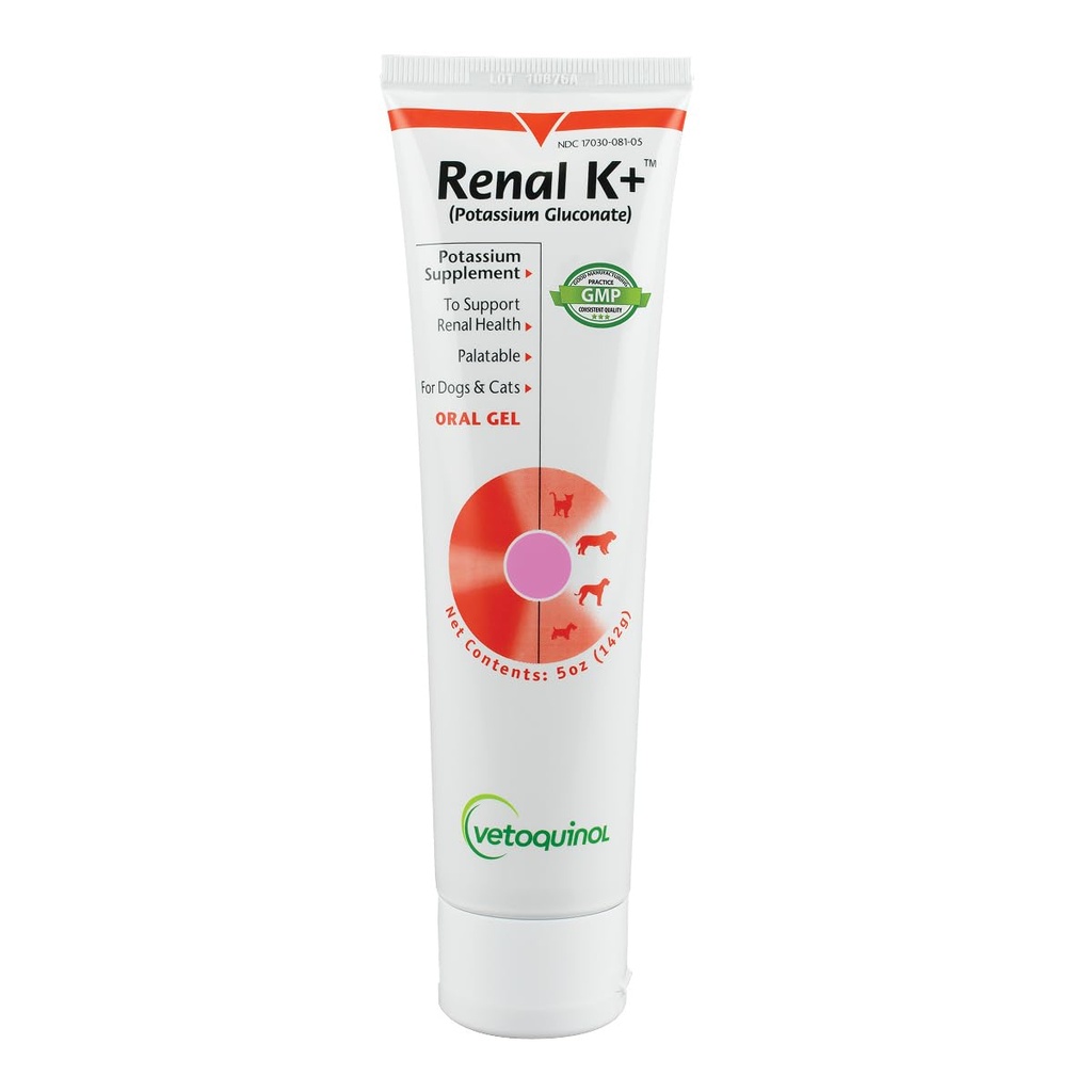 Vetoquinol Renal K+ (Potasio Gluconato) Suplemento de potasio Gel para perros y gatos, 5oz