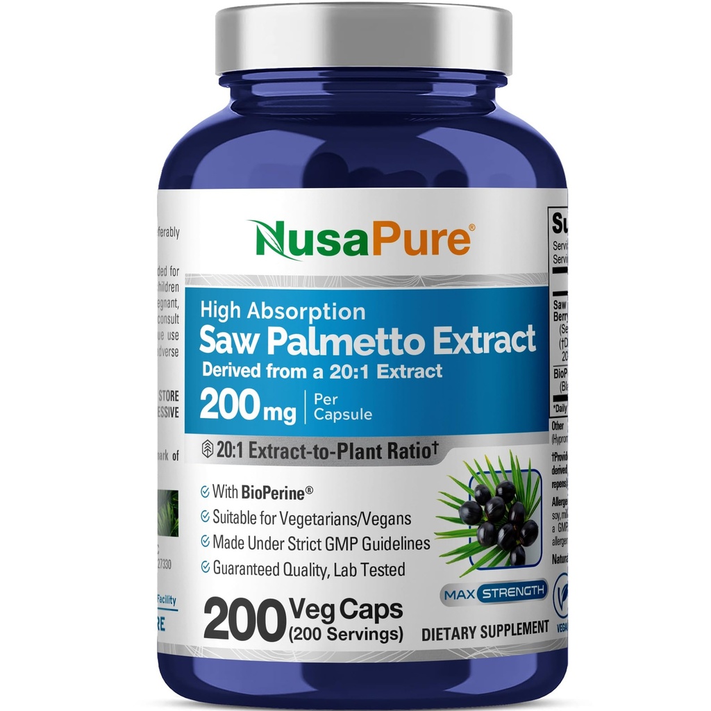 NusaPure Saw Palmetto 20:1 Extracto, 200 mg Equivalente a 4.000 mg por Veggie Caps 200 Conteo No GMO, Vegano, Vegetariano, Bioperina
