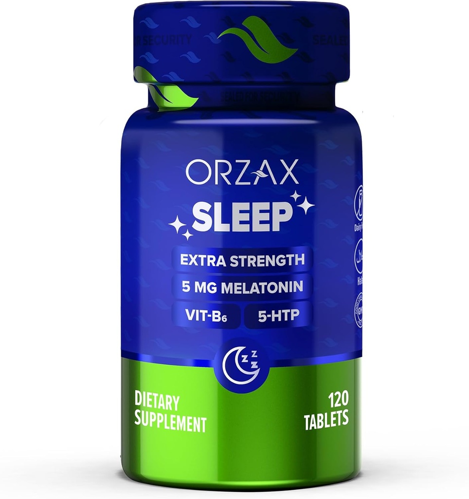 ORZAX Dormir - Melatonina 5 mg, Vitamina B6 & 5-HTP Suplemento - Vitaminas de sueño respetuosas para adultos (120 tabletas)