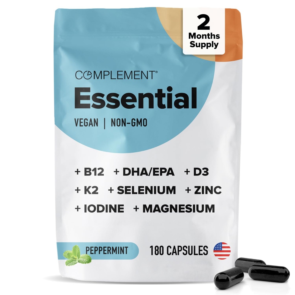 Complement Essential Vegan Multivitamin for Men &amp; Women (60 Servings, 180 Capsules) con Omega-3 DHA &amp; EPA, B12, Vitamina D3 &amp; K2, Zinc, Selenium, Magnesium, Iodine - Supports Immunity &amp; Global Health