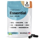 Complement Essential Vegan Multivitamin for Men &amp; Women (60 Servings, 180 Capsules) con Omega-3 DHA &amp; EPA, B12, Vitamina D3 &amp; K2, Zinc, Selenium, Magnesium, Iodine - Supports Immunity &amp; Global Health