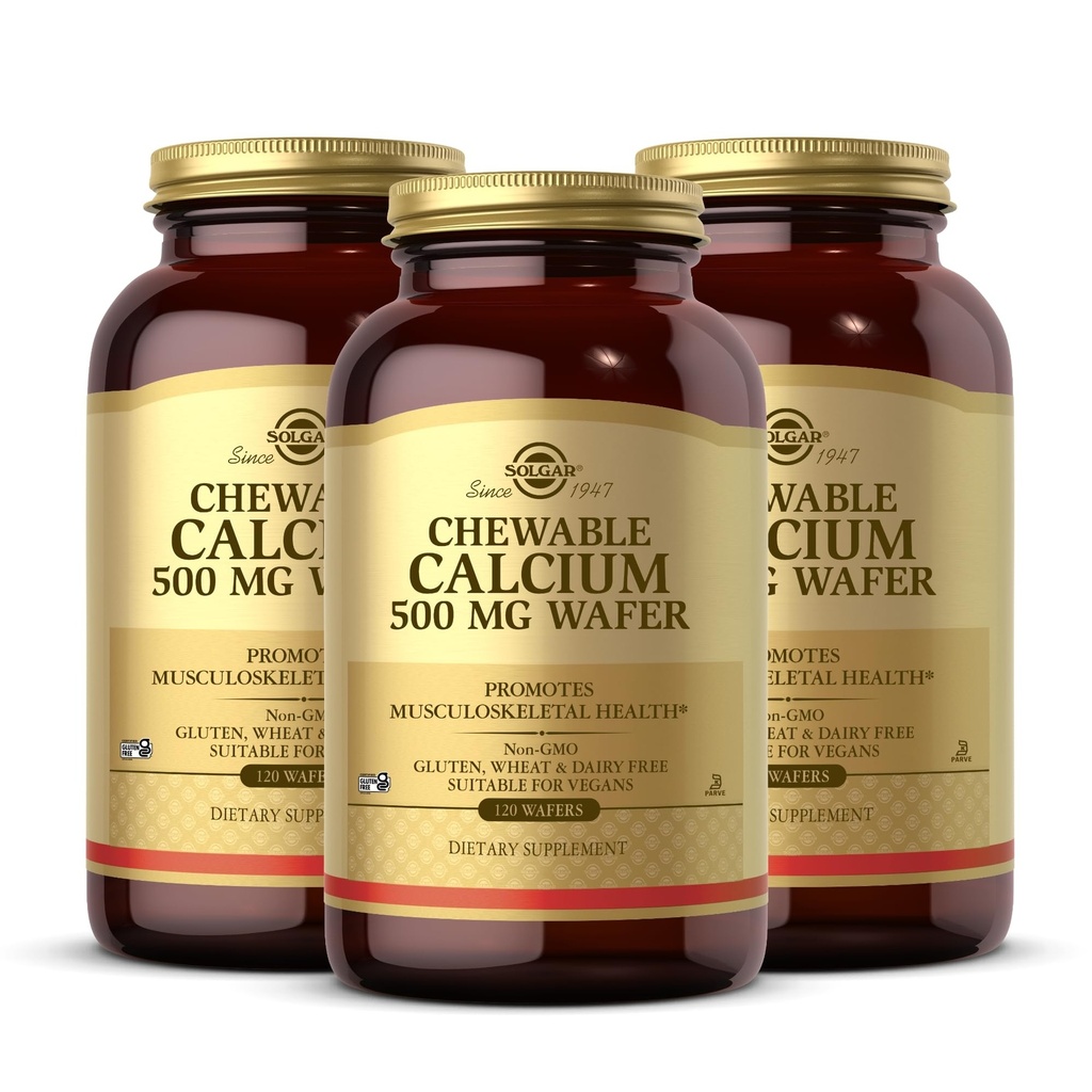 Calcio Chewable Solgar 500 mg - 120 Wafers, Pack of 3 - Promueve la Salud Musculoesquelética - No GMO, Vegan, Gluten, Wheat & Dairy Free, Kosher - 180 Total Servings