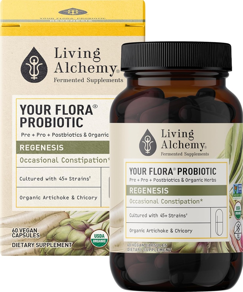 Su Regenesis Probiótica Flora – Probióticos no transgénicos con soya fermentada, Artichoke, " Chicory for Gut Wellness " Bowel Support – Prebióticos, Postbióticos, Enzimas Digestivas – Alquimia Viviente, 60 Pcs