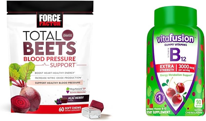 Factor de fuerza Total Beets Blood Pressure Support with Grapeseed Extract &amp; Vitafusion Extra Strength B12 for Energy, Cherry Flavored Gummies