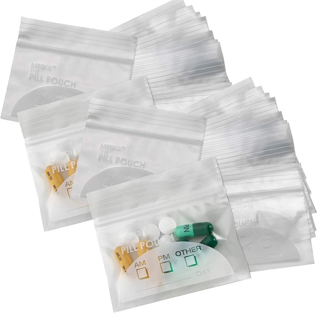 Pill Pouch Bags - (Pack of 150) 3" x 2.75" - BPA Gratis, Poly Bag Disposable Zipper Pills Baggies, Daily AM PM Travel Medicine Organizer Storage Pouches, Best Clear Reusable with Write-on Labels