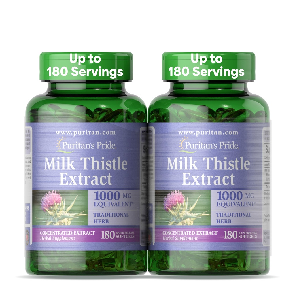 Puritan's Pride Milk Thistle Silymarin 4:1 Concentration Extract 200mg (1000 Mg Equivalent) Suplemento dietético para el soporte del hígado, 6 Month Supply, 180 Cuenta 2-Pack